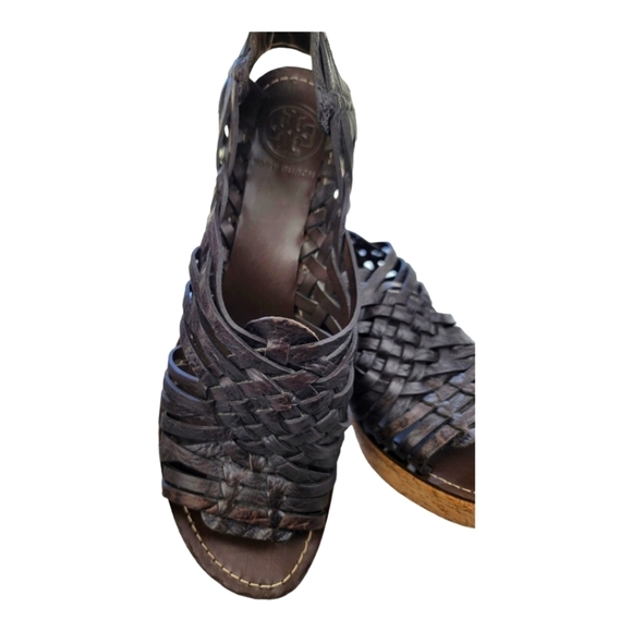Tory Burch Lottie Woven Leather Huarache‎ Cork Wedge Sandals - Picture 3 of 11